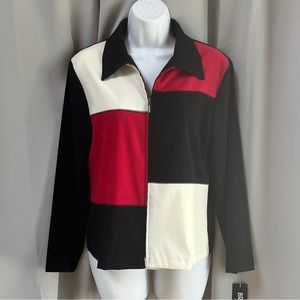 NWT- Briggs color block black/white/red faux suede zip up fitted jacket - SZ SP